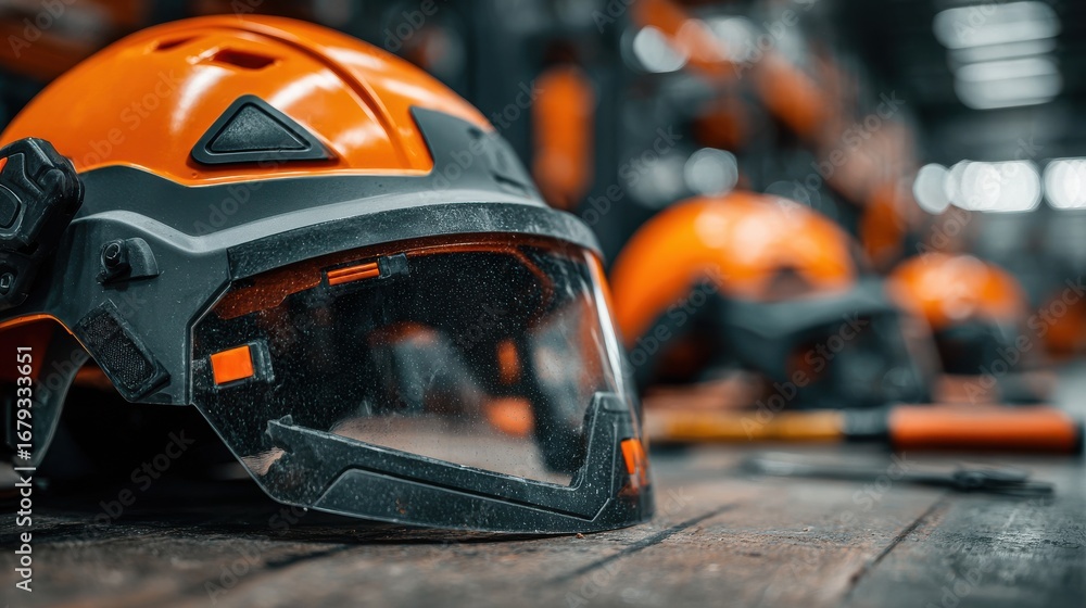 Fototapeta premium Workshop Assembly: Safety helmets with tools on polished concrete floor 