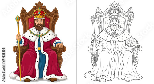 Educational Fairytale King Illustration, Full Color and Line Art