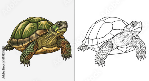 Educational Wildlife Illustration of a Turtle, Full Color and Line Art