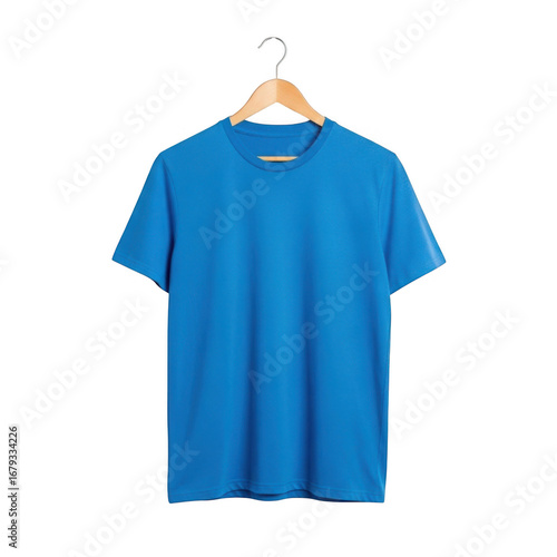 Clean blue t-shirt hanging on a clothes hanger ready for showcase transparent background