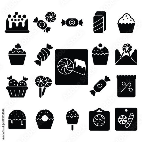 Collection of Sweet Treats and Candy Icons Monochrome Vector Graphic Variety of Confectionery Desserts and Sugar Filled Delights