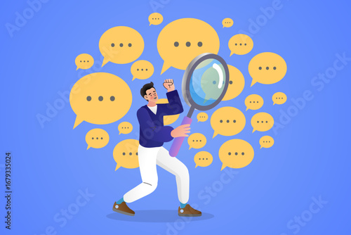 Social listening and market research concept. A man with a magnifying glass analyzing customer feedback from comments and speech bubbles. A vector illustration for data analysis and brand monitoring.