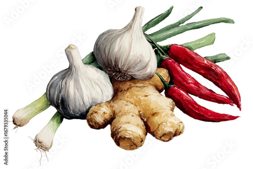 watercolor red onion and garlic