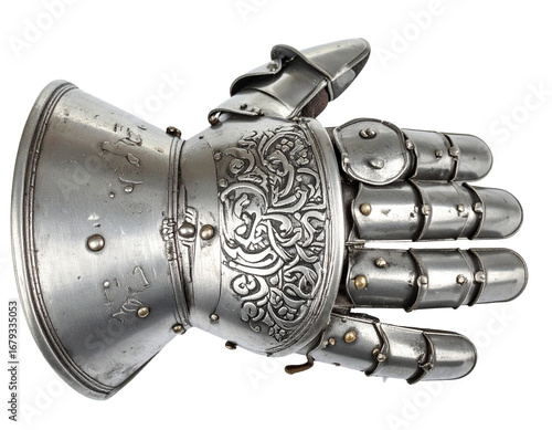 A detailed, armored iron gauntlet, isolated on a white background, representing medieval history and protection.