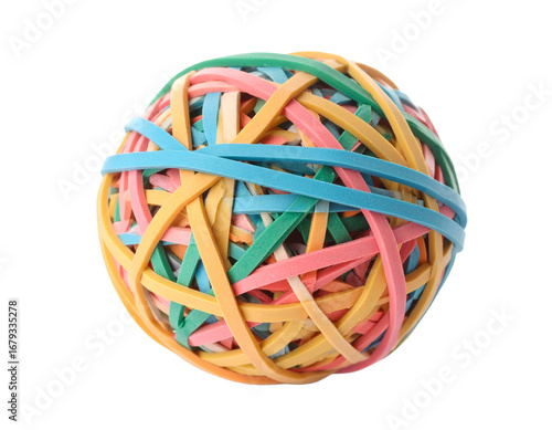 A colorful, tightly wound ball of rubber bands, isolated on a white background, ideal for concepts of creativity and simple tools.