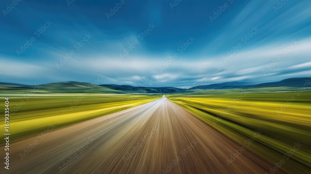 Fototapeta premium Speed Motion-Blurred Road Through a Green Field Concept