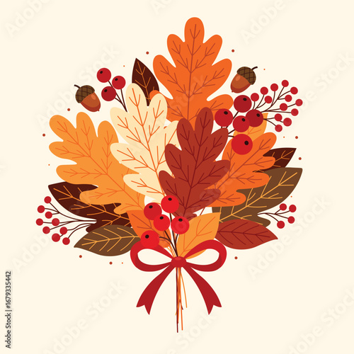 Autumn bouquet with oak leaves, acorns, berries, and red ribbon. Flat vector illustration of fall foliage, seasonal decoration, Thanksgiving design, harvest, nature, botanical arrangement