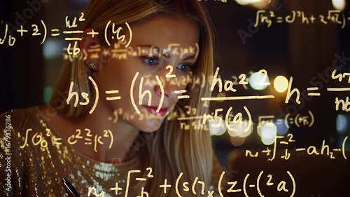 Analytical Blond Woman Engaged with Complex Math Equations in Soft Bokeh Background with Sparkly Top and Low Key