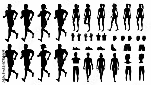 Dynamic silhouettes showcase diverse people running, walking, and posing with athletic apparel and accessories