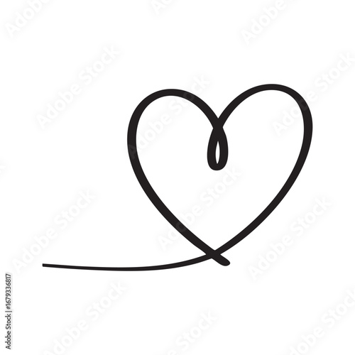 A single black line drawing a heart shape with a small swirl inside on a white background art design