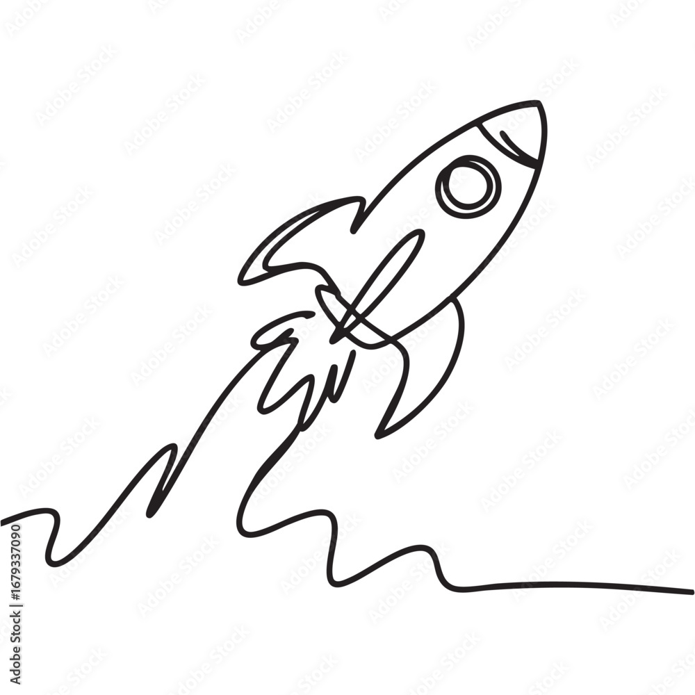 Fototapeta premium Single line drawing of a rocket ship launching with flame trail on a white background illustration