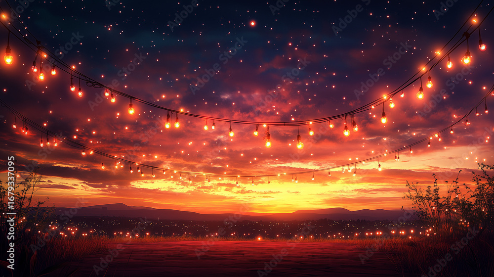 Fototapeta premium festival night scene with glowing string lights warm gradients orange yellow pink inviting celebration ambiance