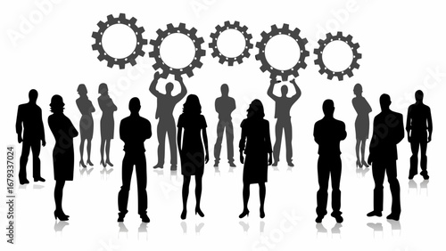 Diverse team collaborating and driving progress with interconnected gears, symbolizing synergy and teamwork.