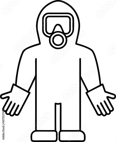 Outline drawing of person in a protective hazmat suit with mask and hood used for safety and protection during hazardous situations