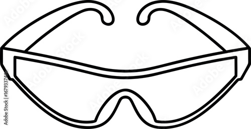 Outline drawing of protective eyewear offering safety and style for various activities and clear vision with durable construction for eye protection