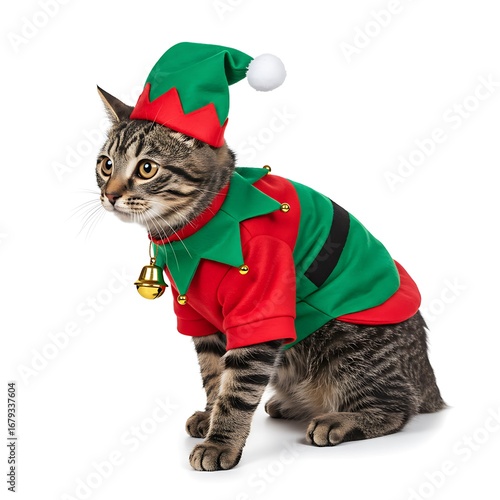 cat in elf costume with bell collar, holiday pet character, isolated on white background