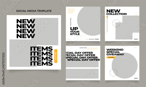 social media template banner blog fashion sale promotion. fully editable instagram and facebook square post frame puzzle organic sale poster. fresh white yellow black element shape vector background