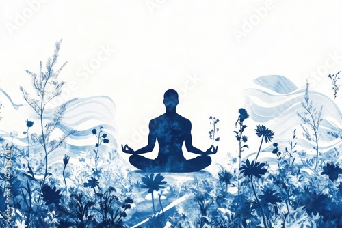 A serene blue silhouette of a person meditating amidst a flourishing garden, embodying peace and tranquility.