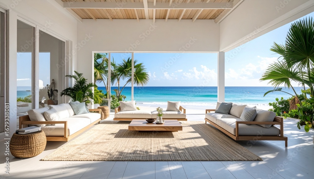 Naklejka premium Peaceful coastal getaway destinations in America with oceanfront views, luxury resorts, calm beaches, and soothing travel atmospheres. Perfect for relaxation, wellness, and vacation inspiration.