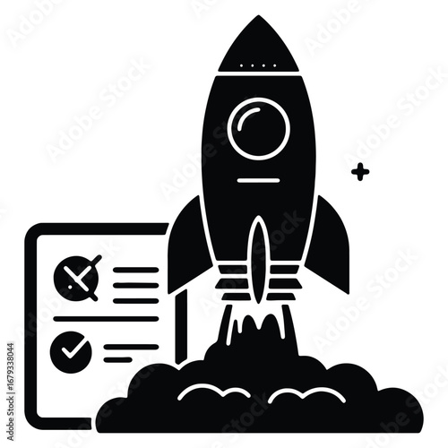 Rocket launch icon with checklist document illustrating startup success and project completion showcasing innovative growth strategy and business development