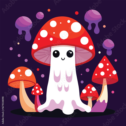 Halloween Cute cartoon fly agaric mushrooms in the forest illustration