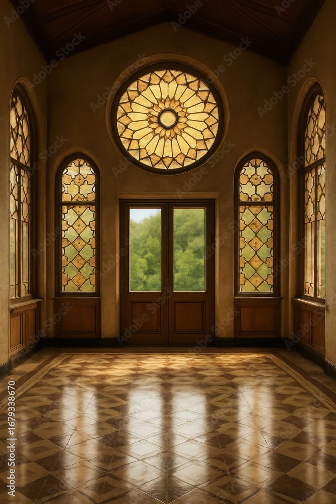 Obraz premium Ornate golden circular window above wooden double doors flanked by tall arched stained glass windows