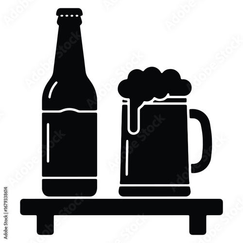 Stylized black and white illustration of beer bottle and mug offering refreshing refreshment on simple bar shelf