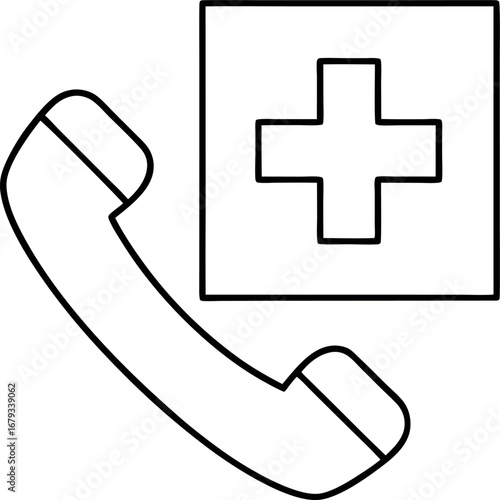 Emergency telephone hotline for medical assistance and healthcare services with a cross symbol representing help and support on a white background