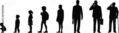 Human life stages silhouette, growth and development concept, baby to elderly progression, aging process timeline, people walking side view, career and family journey, evolution of age, 