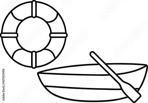 Iconic nautical line art featuring a life preserver and rowboat with oar creating a simple symbolic maritime design