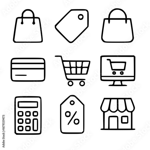 A meticulously crafted minimalist illustration, presenting essential shopping elements in a clean, uncluttered manner. A visual collection that embodies the essence of retail.