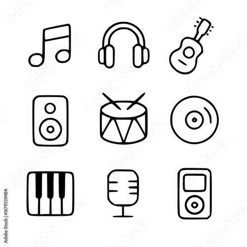 A curated collection of musical icons, meticulously illustrated, showcasing the essence of sound and rhythm in a concise and appealing design. vector illustration