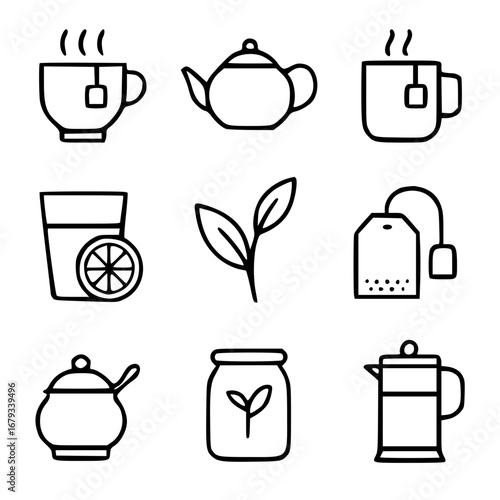 A collection of simple, modern illustrations celebrating the art of tea-drinking. The design is clear and the elements are crisp, perfect for both enthusiasts and designers. 