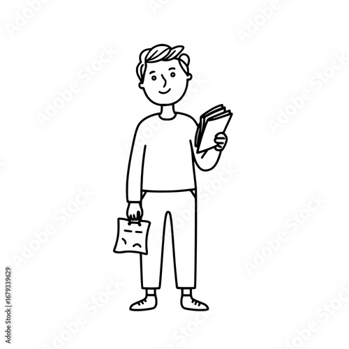 A sketch of a thoughtful individual deep in contemplation while holding a book, clutching a visual representation of contrasting emotions: joy and sadness. A creative person reflects. 