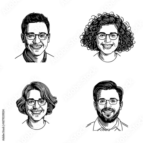 A captivating sketch artwork depicts a diverse group of smiling individuals, each showcasing their unique character through expressive details and the elegance of lines. vector illustration