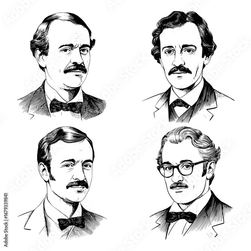 An illustration of four distinguished gentleman with an artistic style. Each portrait conveys a sense of historical depth and classic refinement. vector illustration