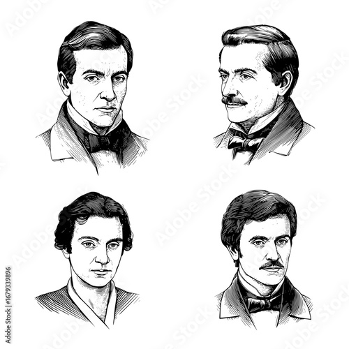 A set of vintage portraits, the artistic illustration of notable people in period clothing. Illustrating elegance and classic beauty. vector illustration