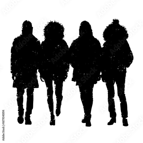 Four figures, cast as silhouettes against the backdrop, venture forward with an air of mystery and style. Their forms, defined by the monochrome, allow the viewer to fill in the blanks.