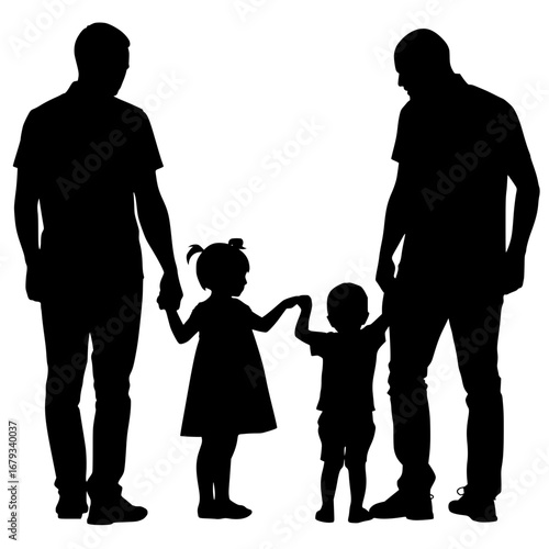 A loving family celebrates a moment of unity, two parent holding each child's hand, their silhouettes a testament to the strength of connection. A touching family portrait in black and white.