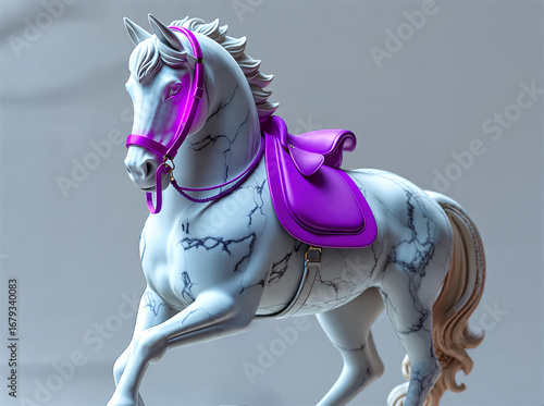 Marble statue of horse with a purple saddle and halter. 