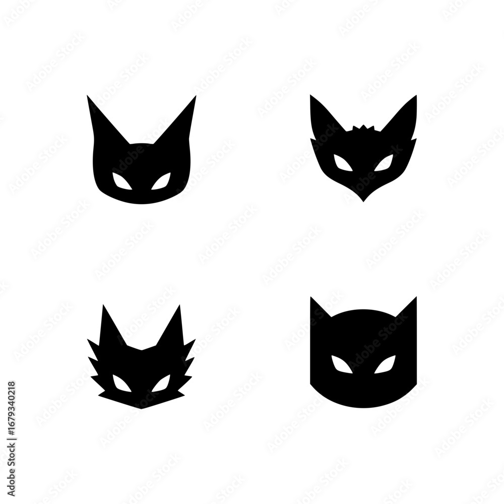 Fototapeta premium A minimalist set of stylized black cat silhouette mask icons against a backdrop. These vector graphics are perfect for a diverse range of applications. vector illustration