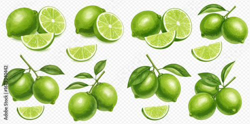 A set of fresh green limes shown whole, cut in half, as slices, and on branches with leaves.
