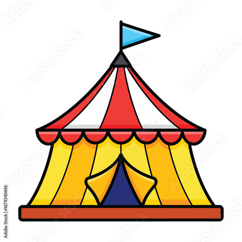 Vibrant circus tent with flag beckons for fun and adventure under the big top