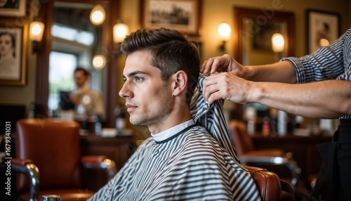stylist using hair cutting cape