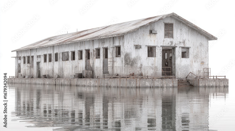Obraz premium Floating Warehouse Reflection: An old warehouse sits peacefully afloat on serene waters, its weathered facade mirrored in the calm surface below.