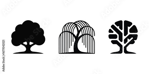 Three stylized black tree silhouettes: oak, weeping willow, and abstract design; minimalist, nature, graphic design elements.