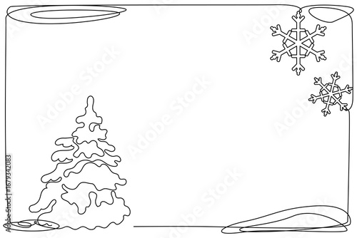 Line Art Christmas or new Year Card Background. One Continuous Outline Spruce Tree Silhouette. Winter Holiday Mascot Contour Drawing. Christmas Family Greeting Party Decoration 