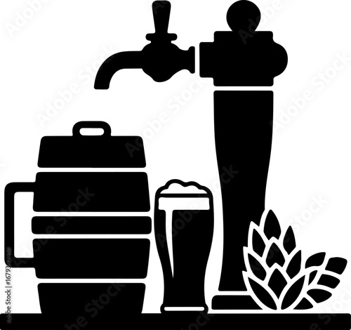 Black silhouette Logo featuring Beer Tap, Keg, and Hops A Classic Beverage Emblem