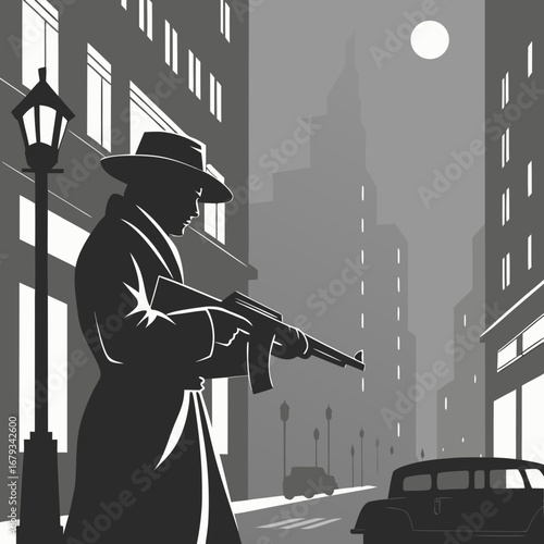 Vector art of a gangster in a hat and coat stands on a city street at night