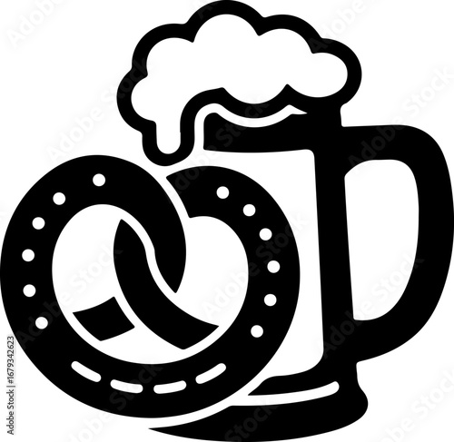 Black Silhouette Logo Frothy Beer Mug and Pretzel